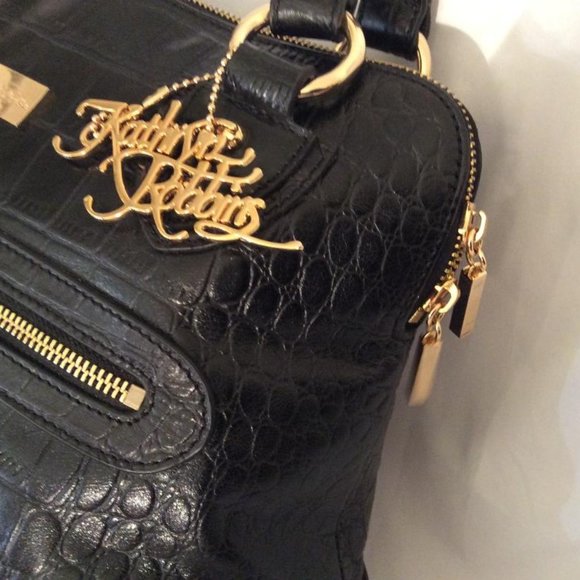 Kathryn Robbins NWOT black leather & metallic gold hand or shoulder bag - Picture 9 of 13